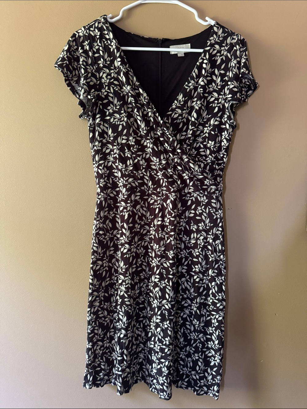 LOFT Black Dress with White Leaf Print Midi